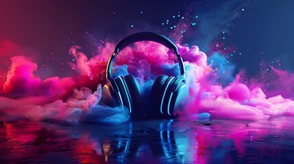 Wall Mural - Headphones over Neon splashing wih vibrant colours, dynamic music blaster 