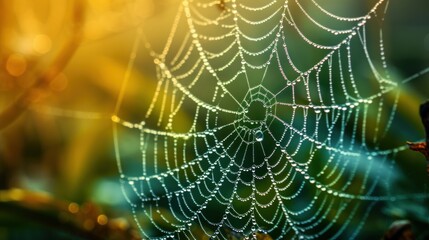 Wall Mural - a close up of a spider web on a tree branch with water droplets on the spiderwefe's web.