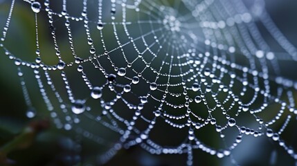 Wall Mural - a close up of a spider web with drops of water on the spider's web, with a blurry background.