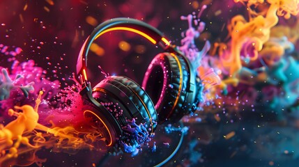 Wall Mural - Headphones over Neon splashing wih vibrant colours, dynamic music blaster 