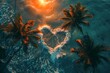 
View from above. Sea. Ocean. Heart made of waves. Island. Palm trees. Vacation. Weekend. Tropics. Evening. Sunset
