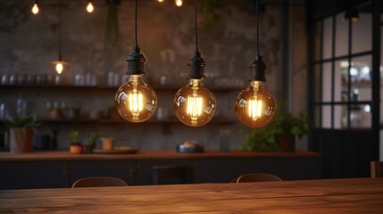 Sticker - three light bulbs hanging from a ceiling in a room with a wooden table and chairs in front of a brick wall.