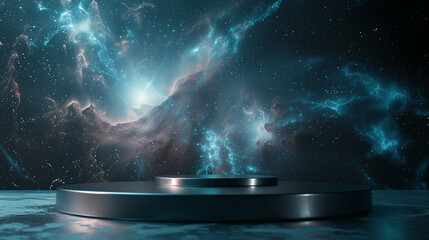 Wall Mural - empty black metalic podium on blue star galaxy background for product presentation