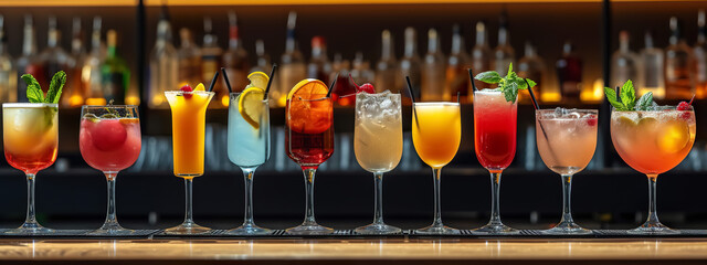 set of fresh and colorful exotic alcohol cocktail on counter in nightclub, collection of cold and fa