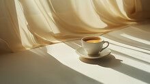 White Cup Of Hot Coffee Or Tea Drink On White Silk Veil Background, Fresh Morning Beverage