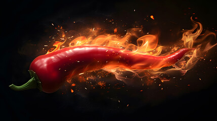 Wall Mural - Red chili pepper in  burning with fire flame  on a dark background