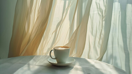 Wall Mural - white cup of hot coffee or tea drink on white silk veil background, fresh morning beverage