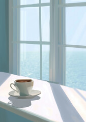 Wall Mural - white cup of hot coffee or tea drink by sunny window background, fresh morning beverage