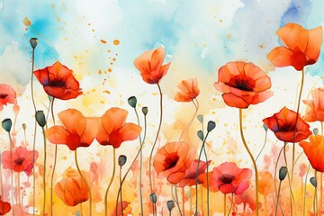 Vibrant Watercolor poppies illustration. Summer art nature. Generate Ai