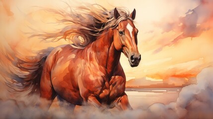 Wall Mural - a painting brown horse running through the air with its hair blowing in the wind in front sunset.
