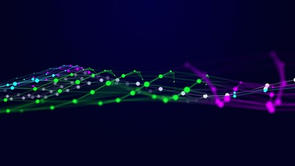 Poster - Abstract dynamic wave of connected dots and bright particles in space. Big data digital technologies. 3D rendering. Seamless looped animation.
