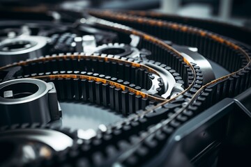 Close-up of a V-belt in an industrial setting, surrounded by mechanical parts, conveying the essence of heavy-duty machinery