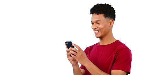 Phone, reading or happy man on social media or online for entertainment blog or texting on website. Isolated, transparent png background or person on mobile app to scroll for news post on internet