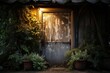 Rustic Cabin Door with Industrial Elements, Set Against a Backdrop of Weathered Wood and Lush Greenery, Illuminated by Soft Morning Light