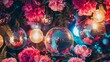 disco balls and peonies pattern, festive background
