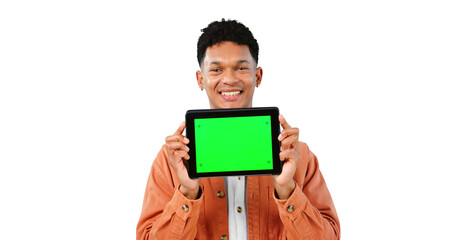 Poster - Portrait, smile and man with green screen on tablet for social media on transparent, isolated or png background. Happy, person and presentation of technology online for streaming a video on app