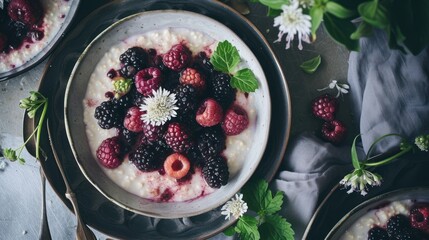 Sticker - a bowl of oatmeal with berries, raspberries, and mint on top of a table.