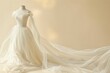 White pastel designed art fashioned Wedding dress silk and embroidery is on dummy over beige background with copy space