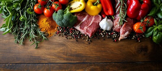 Sticker - a wooden table topped with vegetables and meat . High quality