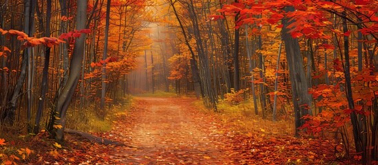 Poster - a path in the woods covered in leaves in autumn High quality