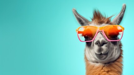 Wall Mural - Creative animal concept. Llama in sunglass shade glasses isolated on solid pastel background, commercial, editorial advertisement, surreal surrealism