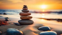 Balance Stack Of Zen Stones On Beach During An Emotional And Peaceful Sunset, Golden Hour On The Beach