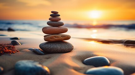 balance stack of zen stones on beach during an emotional and peaceful sunset, golden hour on the beach