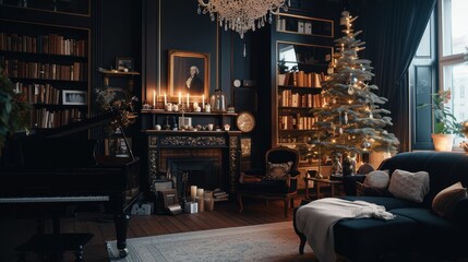 Poster - a living room decorated for christmas with a christmas tree and a piano.