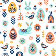 Simple Easter Scandinavian seamless pattern with bunny, eggs and flowers