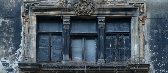 Poster - The facade of the old building features a symmetrical design with a lot of windows and a balcony. The structure is made of composite materials and concrete, with a metal roof and rectangular fixtures