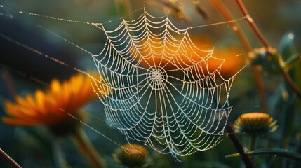 Wall Mural - a close up of a spider web in a field of grass with sunflowers in the background and water droplets on the web.