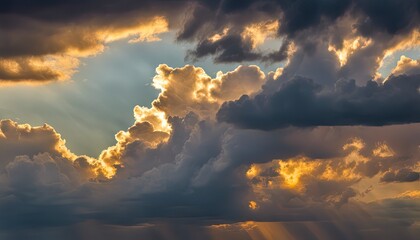 Wall Mural - sun rays through the clouds, sunset, golden hour, blue sky with clouds, clouds in the sky, panoramic view of clouds, cloud background