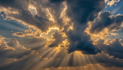 Wall Mural - sun rays through the clouds, sunset, golden hour, blue sky with clouds, clouds in the sky, panoramic view of clouds, cloud background