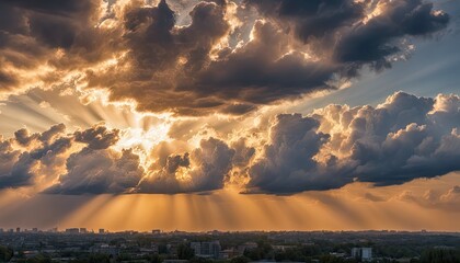 Wall Mural - sun rays through the clouds, sunset, golden hour, blue sky with clouds, clouds in the sky, panoramic view of clouds, cloud background