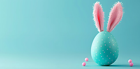 Wall Mural - Blue easter egg with bunny's ears  isolated on blue background with copy space