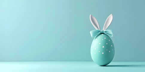 Wall Mural - Blue easter egg with bunny's ears  isolated on blue background with copy space