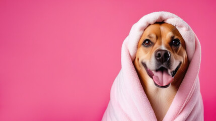 Wall Mural - Banner with a portrait dog wrapped in a terry towel on a pink background with space for text or graphic design. Grooming, dog salon, dog products and accessories