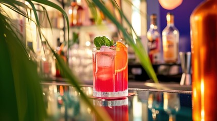 Poster - a close up drink on a table with a bottle lcohol background and a plant foreground.