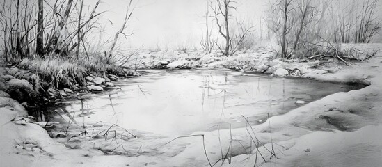 Sticker - a black and white drawing of a river surrounded by snow and trees . High quality