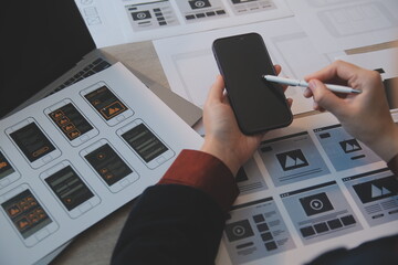 UX UI design process for modish mobile application and website . Creative prototype of wireframe for professional app developer .