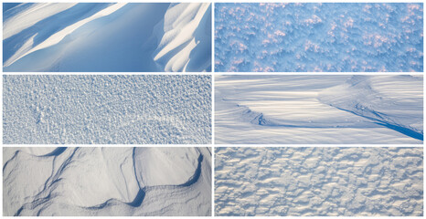 Wall Mural - Set of snow textures. Collection of panoramic winter backgrounds with snowy ground. Beautiful wide panoramas with natural textures of clean fresh snow and wind-sculpted patterns on a snowy surface.