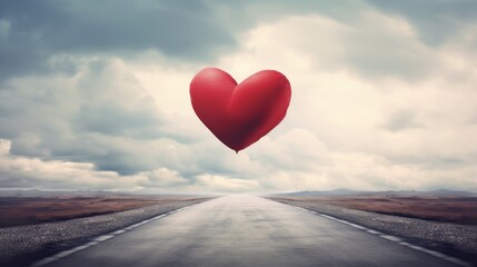 Sticker - a red heart shaped balloon floating in the air over an empty road in the middle of a field with a cloudy sky in the background.