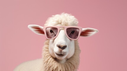 Wall Mural - Creative animal concept. Sheep lamb in sunglass shade glasses isolated on solid pastel background, commercial, editorial advertisement, surreal surrealism