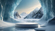Abstact 3d render winter scene and Natural podium background, Ice podium on the ice mountain cave for product display	
