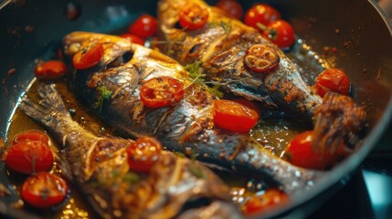 The image shows three fish fillets with golden-brown searing in a frying pan, garnished with halved cherry tomatoes, slices of chili, and fresh herbs, likely cooking in olive oil, with steam indicatin