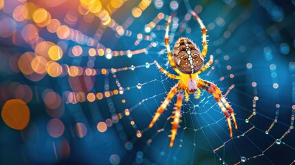 a close up of a spider on it's web in the middle of a blurry image of lights.