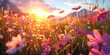 colorful flower field at sunrise or sunset, Flowers blooming in a beautiful meadow landscape background
