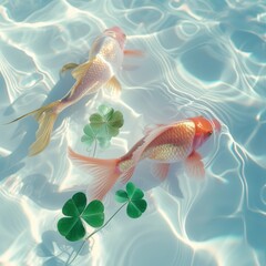 Wall Mural - a couple of gold fish swimming next to each other on top of a body of water with a four leaf clover.