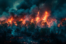 Raging Wildfire Consuming The Dense Foliage Of A Forest, With Towering Flames Illuminating The Night Sky And Billowing Smoke Darkening The Horizon