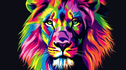 Poster - a close up of a colorful lion's face on a black background with the colors of the rainbow on the lion's face.